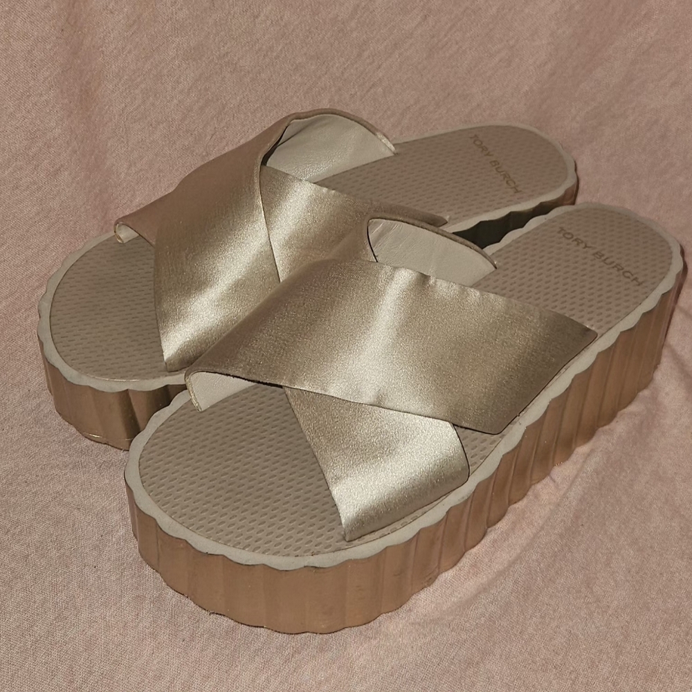 Tory Burch Satin Scalloped Platform Wedge Slide Sandals